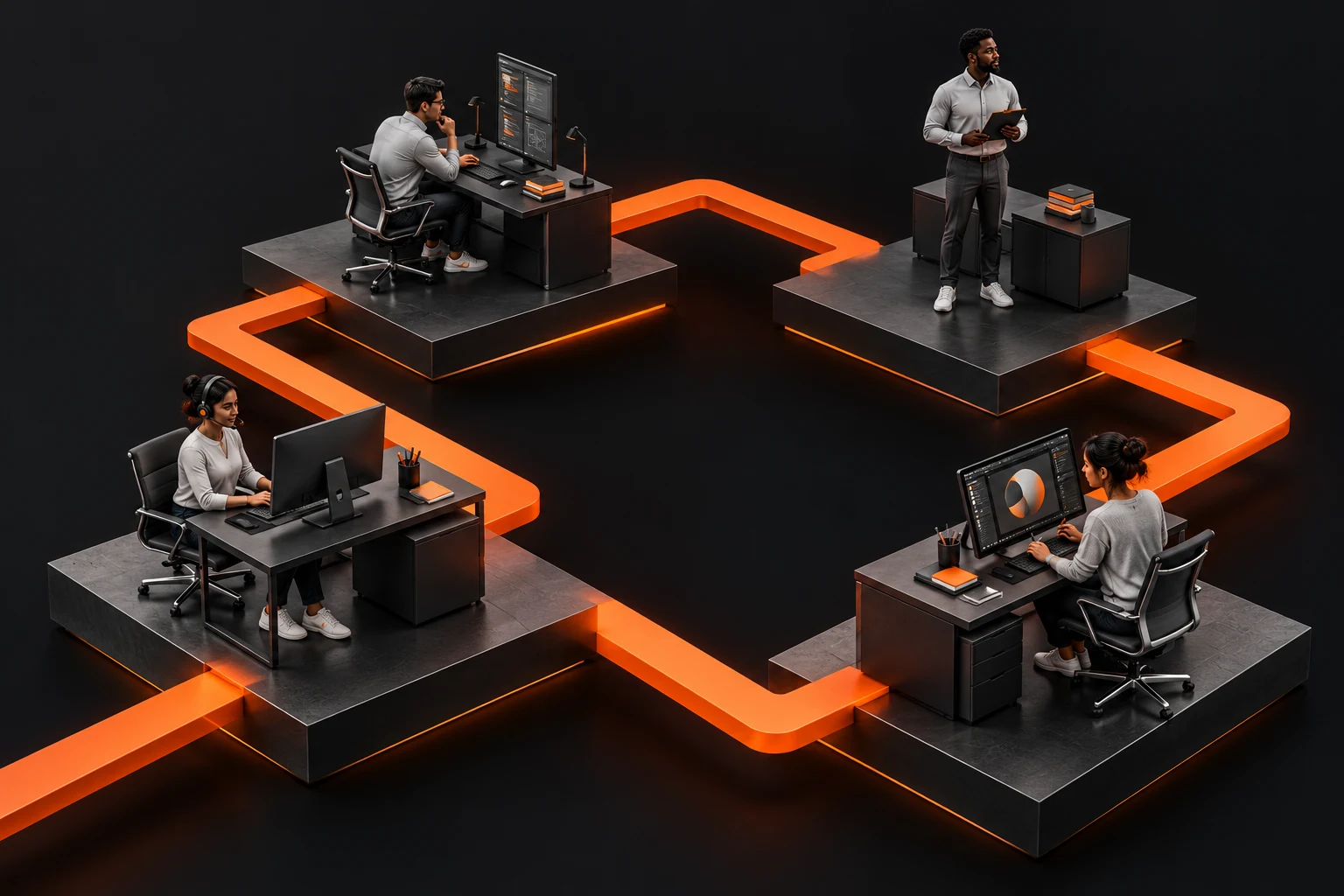 Conceptual illustration of four specialist workstations connected by a continuous orange line, representing a coordinated managed team